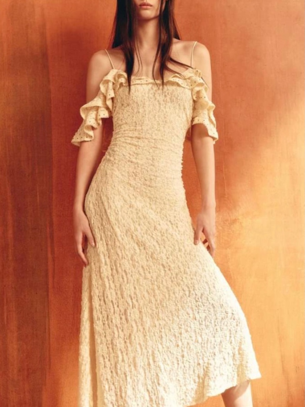 Zara Asymmetrical Midi Ruffle Lace Dress Yellow fairycore